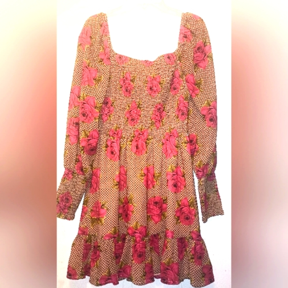 BETSY JOHNSON BEIGE  AND PINK FLORAL PRINTED LONG SLEEVES DRESS